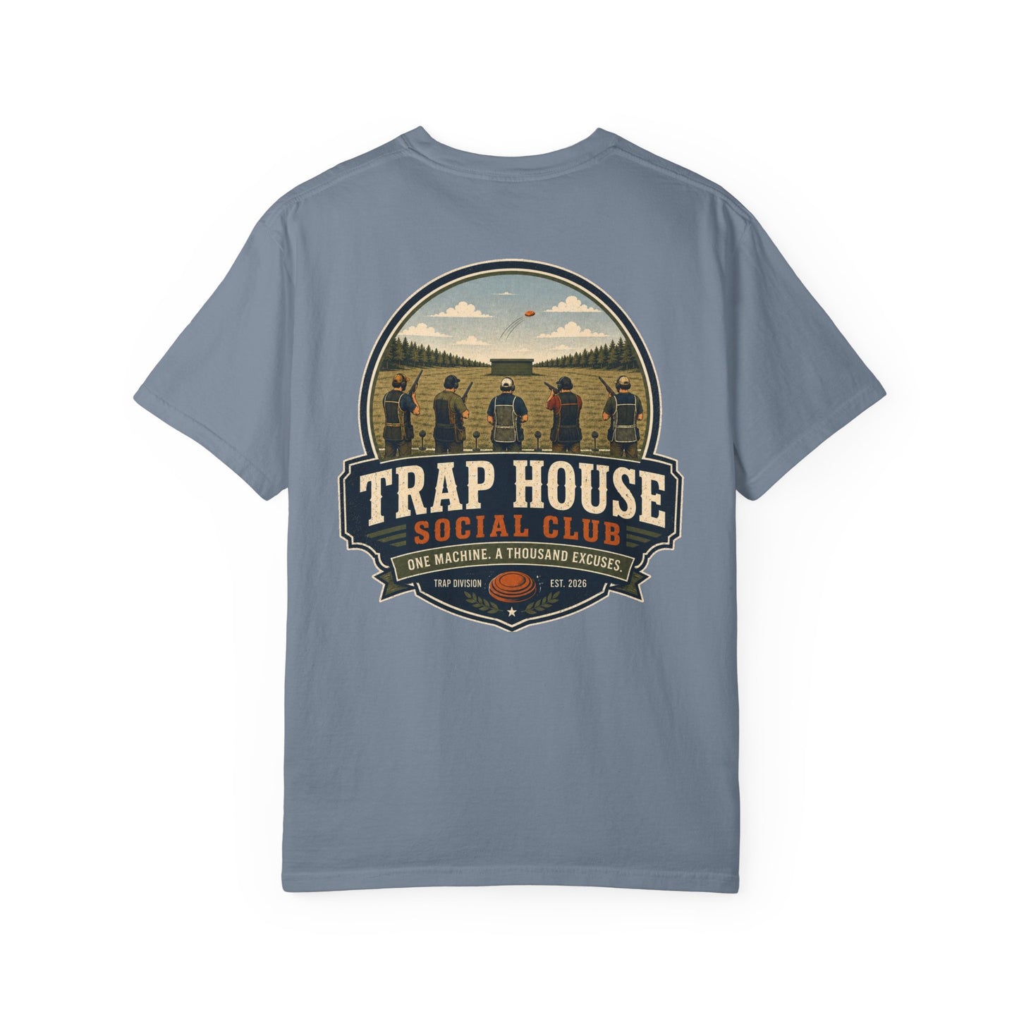 Trap House Social Club trap shooting t-shirt back graphic, five shooters badge design