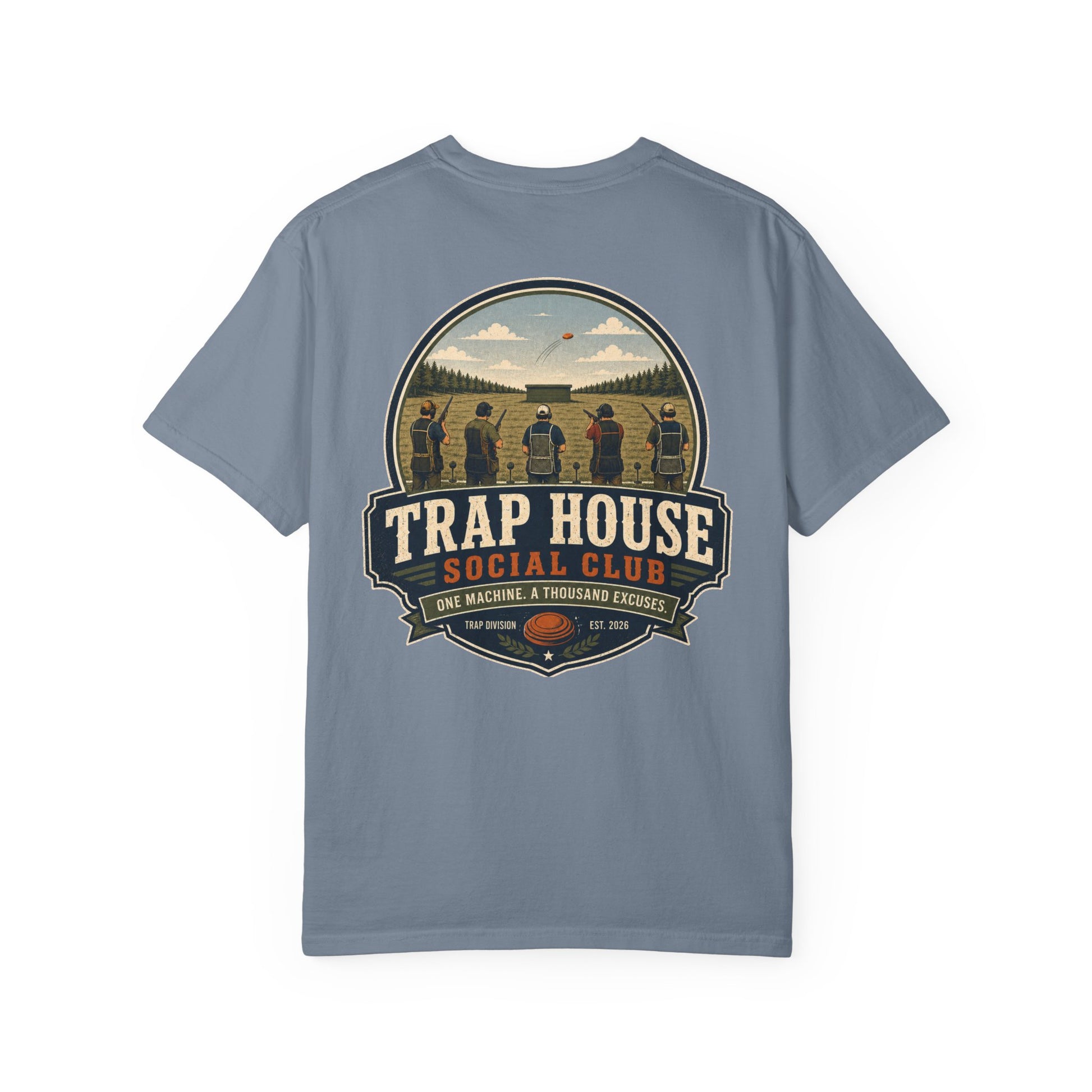 Trap House Social Club trap shooting t-shirt back graphic, five shooters badge design