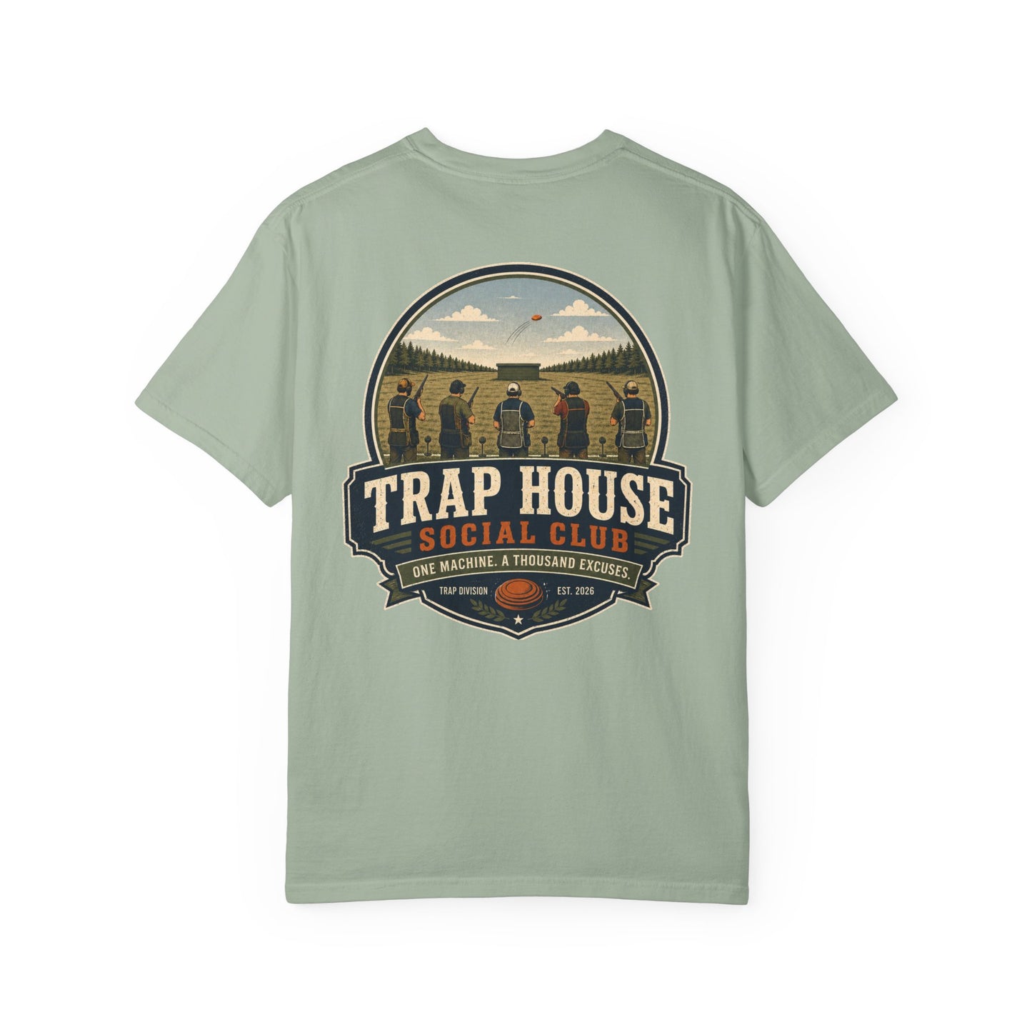Trap House Social Club trap shooting t-shirt back graphic, five shooters badge design