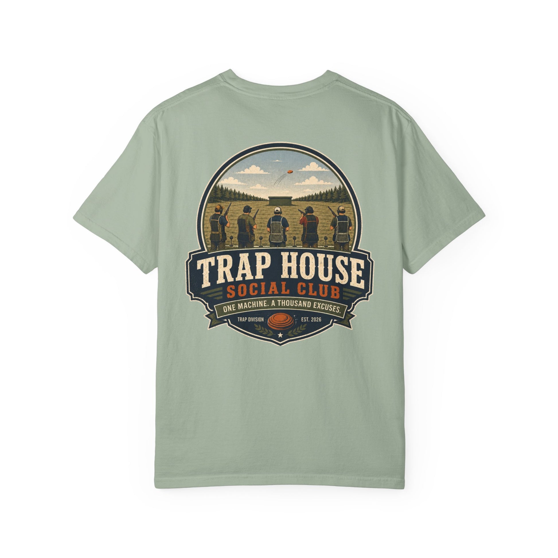 Trap House Social Club trap shooting t-shirt back graphic, five shooters badge design