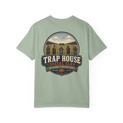 Trap House Social Club trap shooting t-shirt back graphic, five shooters badge design