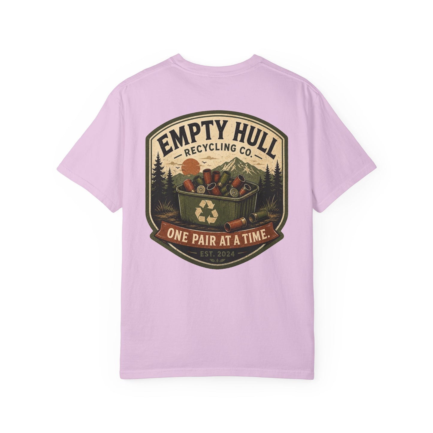 Empty Hull Recycling sporting clays t-shirt back graphic, shell bin badge design