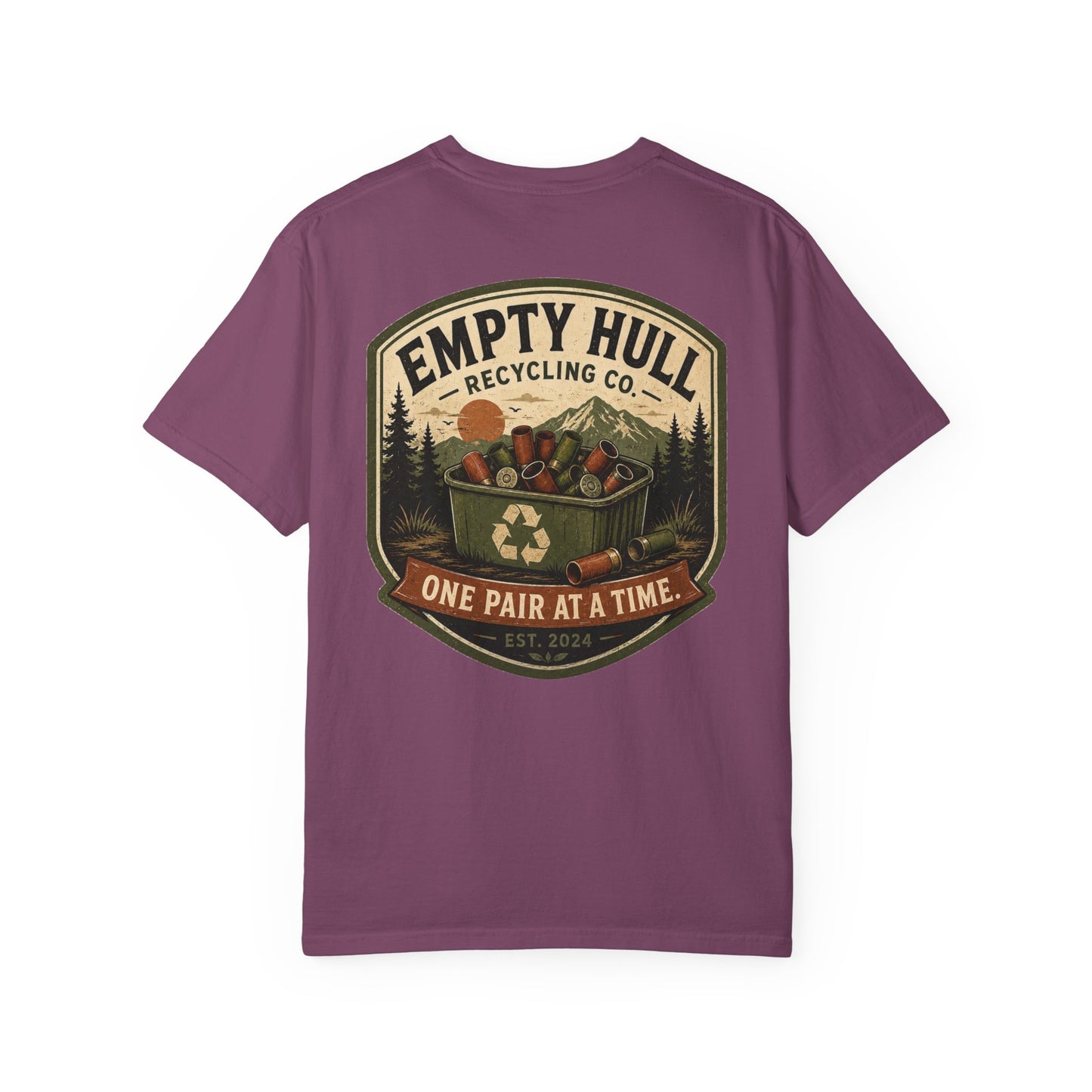 Empty Hull Recycling sporting clays t-shirt back graphic, shell bin badge design