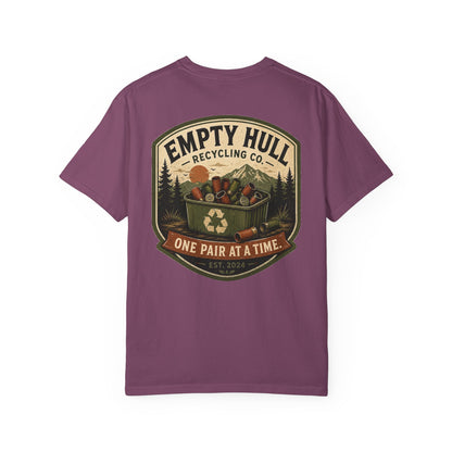 Empty Hull Recycling sporting clays t-shirt back graphic, shell bin badge design