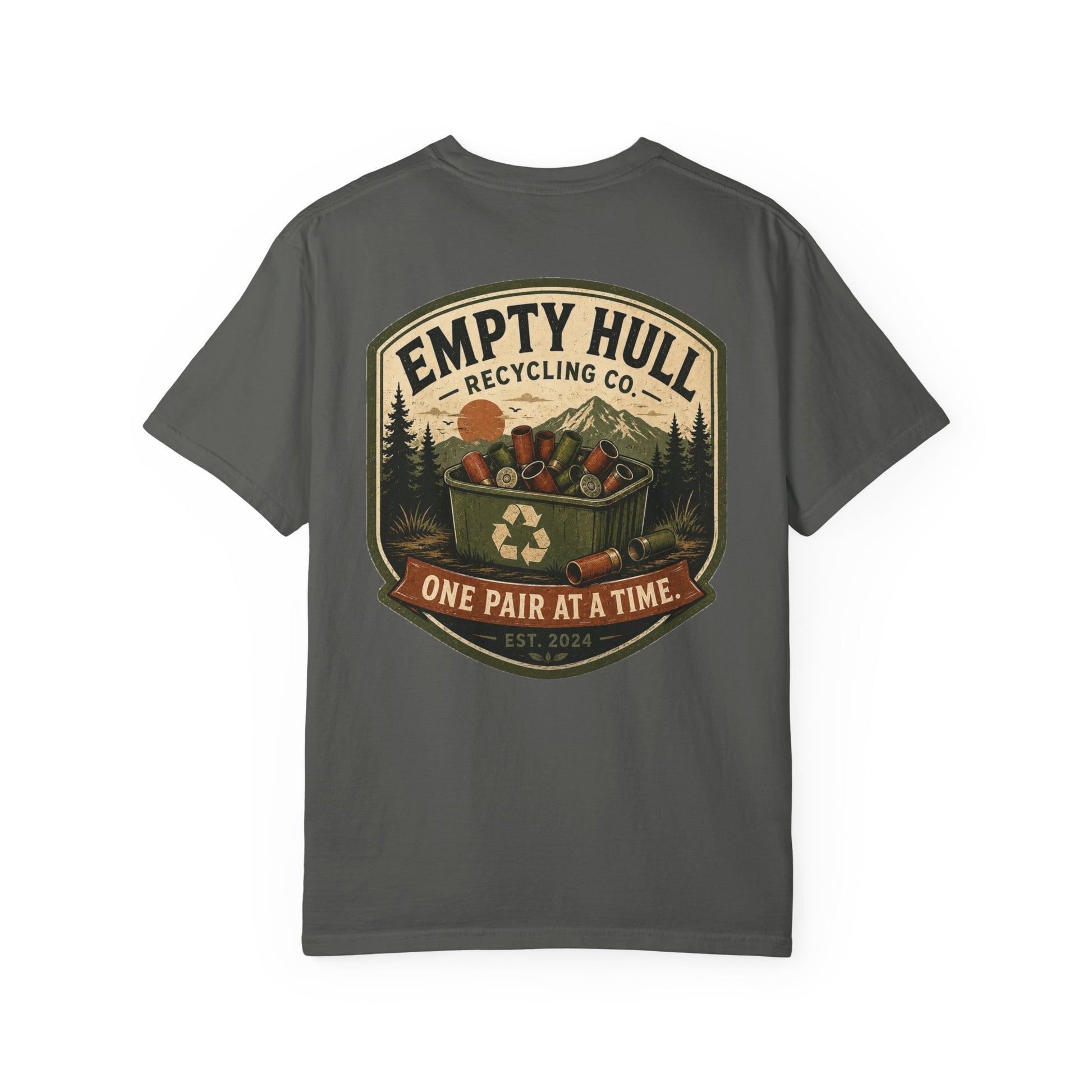 Empty Hull Recycling sporting clays t-shirt back graphic, shell bin badge design