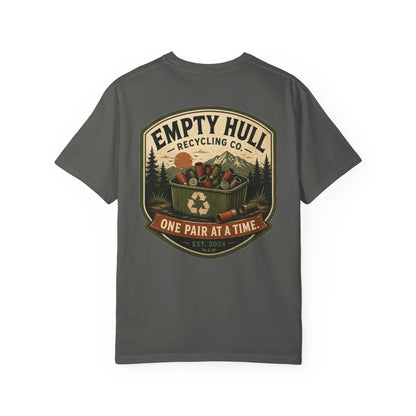 Empty Hull Recycling sporting clays t-shirt back graphic, shell bin badge design