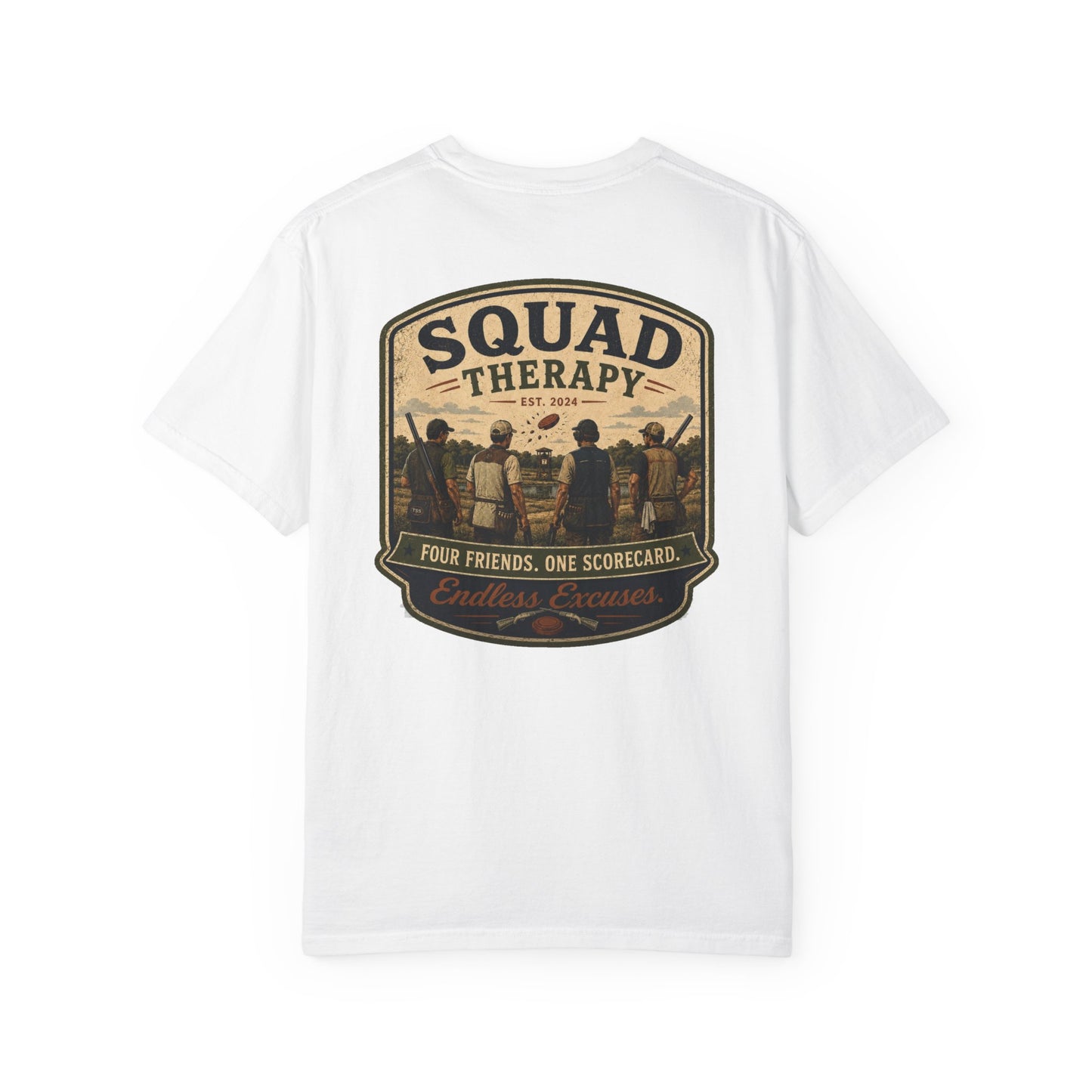 Squad Therapy sporting clays t-shirt back graphic, four shooters badge design
