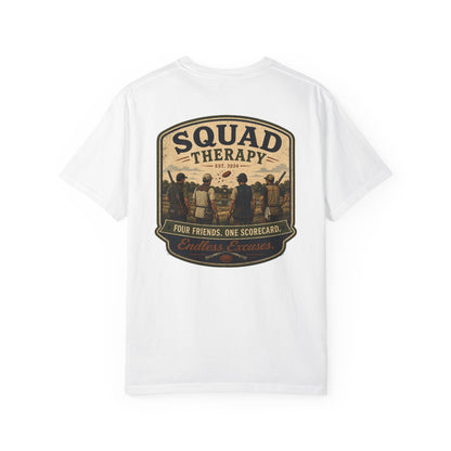 Squad Therapy sporting clays t-shirt back graphic, four shooters badge design