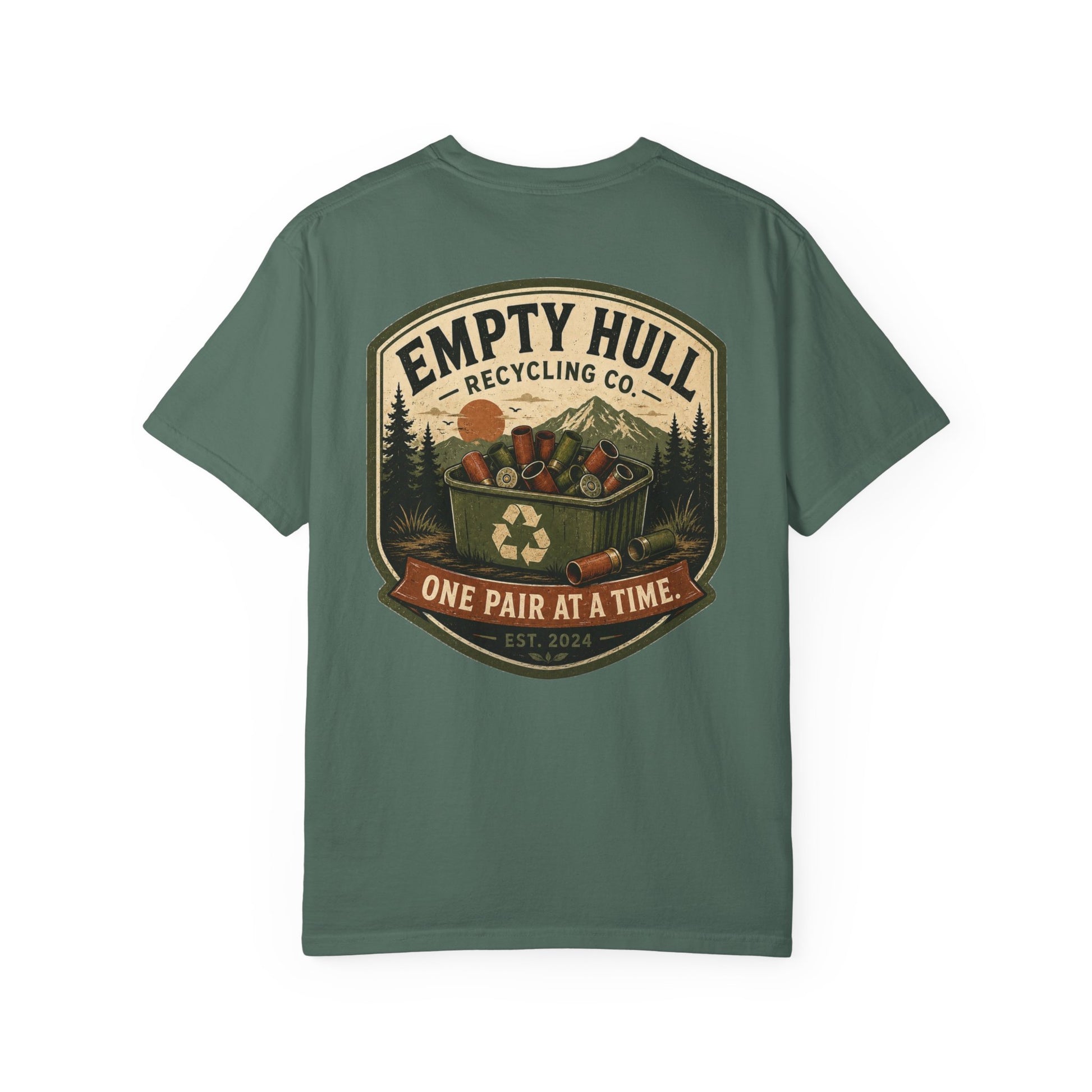 Empty Hull Recycling sporting clays t-shirt back graphic, shell bin badge design