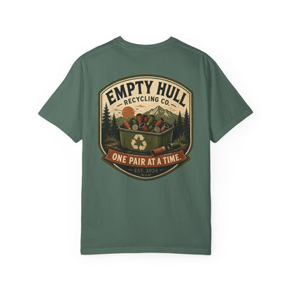 Empty Hull Recycling sporting clays t-shirt back graphic, shell bin badge design