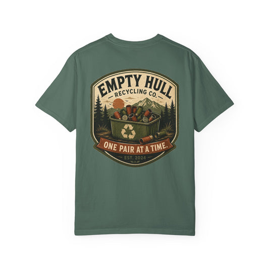 Empty Hull Recycling sporting clays t-shirt back graphic, shell bin badge design