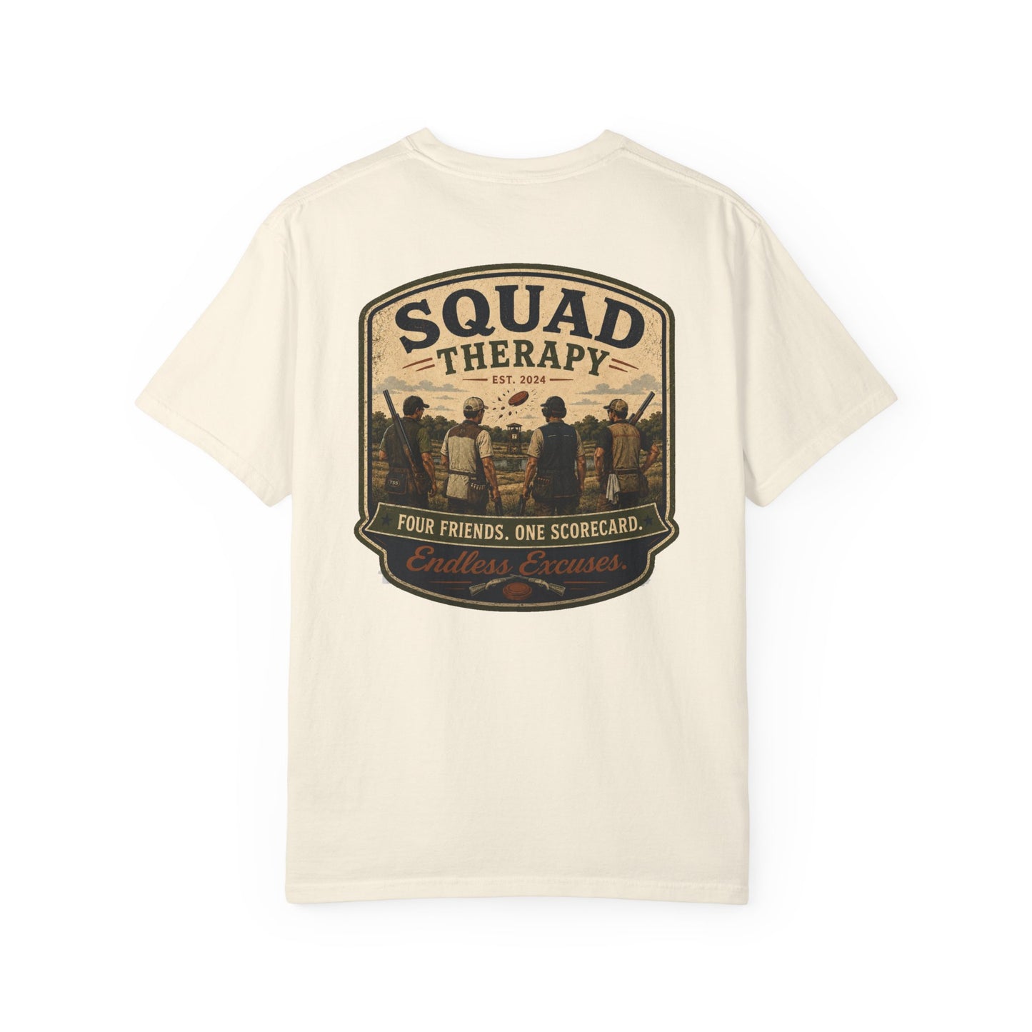 Squad Therapy sporting clays t-shirt back graphic, four shooters badge design