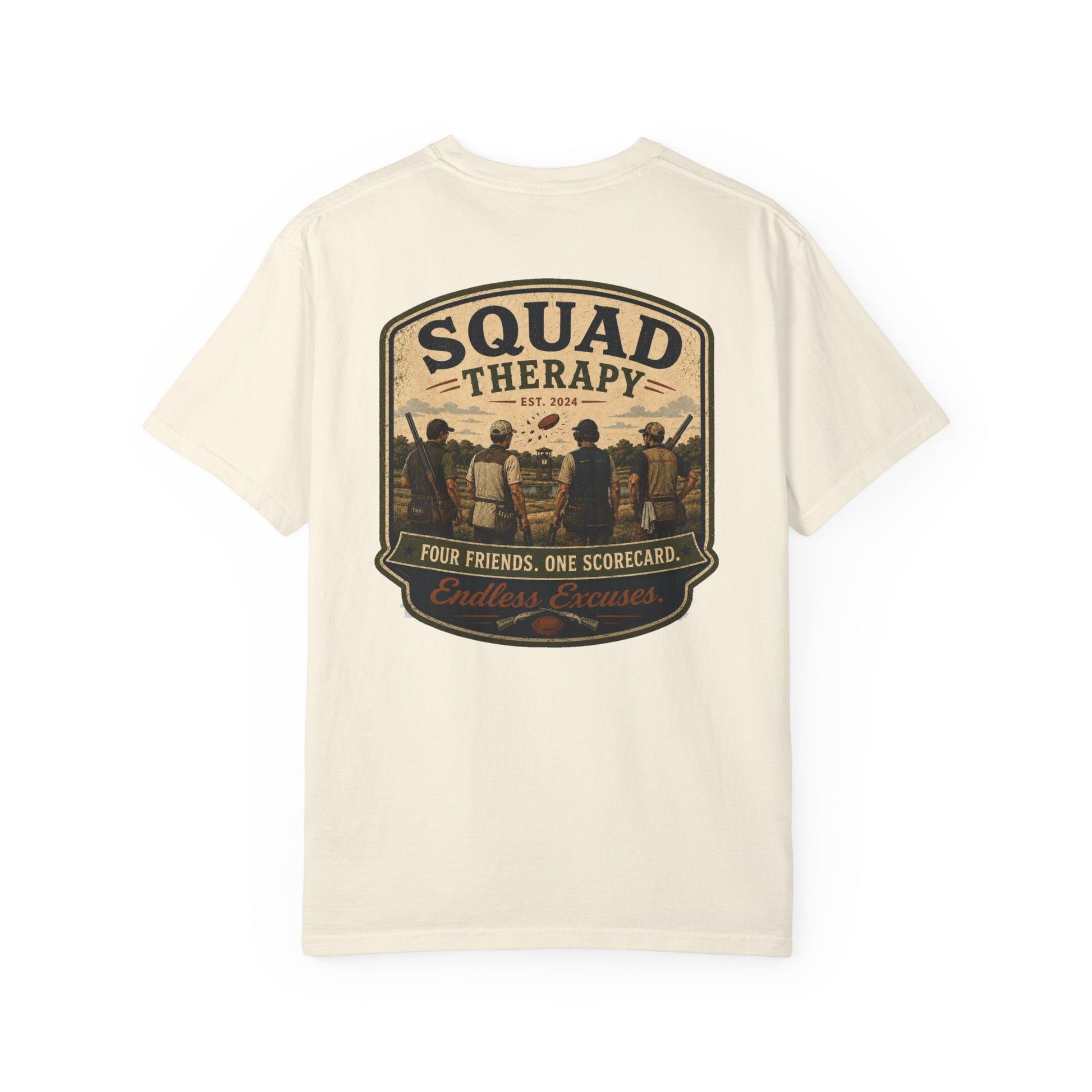 Squad Therapy sporting clays t-shirt back graphic, four shooters badge design