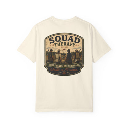 Squad Therapy sporting clays t-shirt back graphic, four shooters badge design