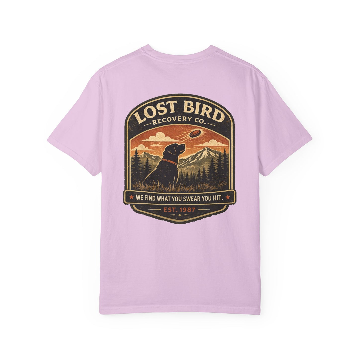 Lost Bird Recovery sporting clays t-shirt back graphic, black lab badge design