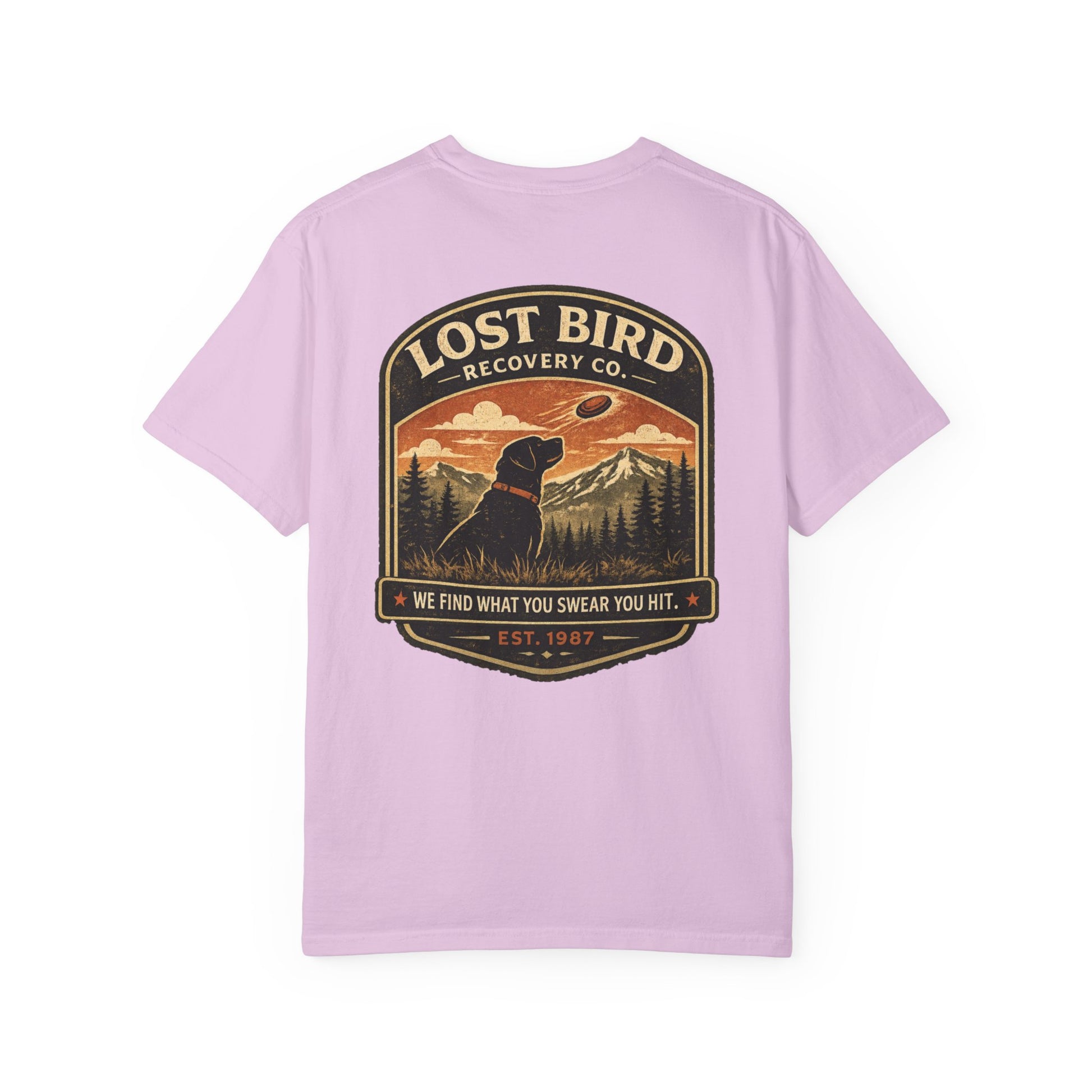 Lost Bird Recovery sporting clays t-shirt back graphic, black lab badge design