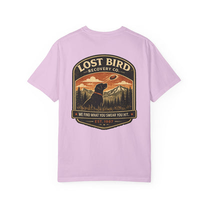 Lost Bird Recovery sporting clays t-shirt back graphic, black lab badge design