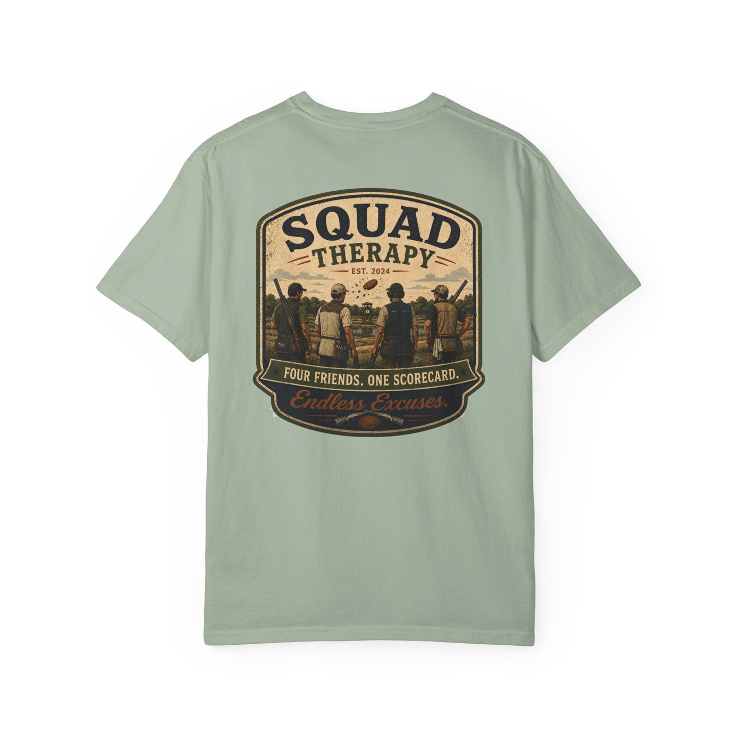 Squad Therapy sporting clays t-shirt back graphic, four shooters badge design