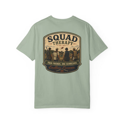 Squad Therapy sporting clays t-shirt back graphic, four shooters badge design