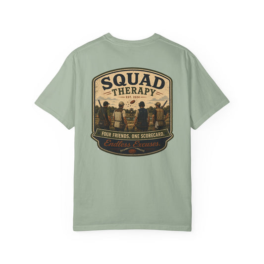 Squad Therapy sporting clays t-shirt back graphic, four shooters badge design