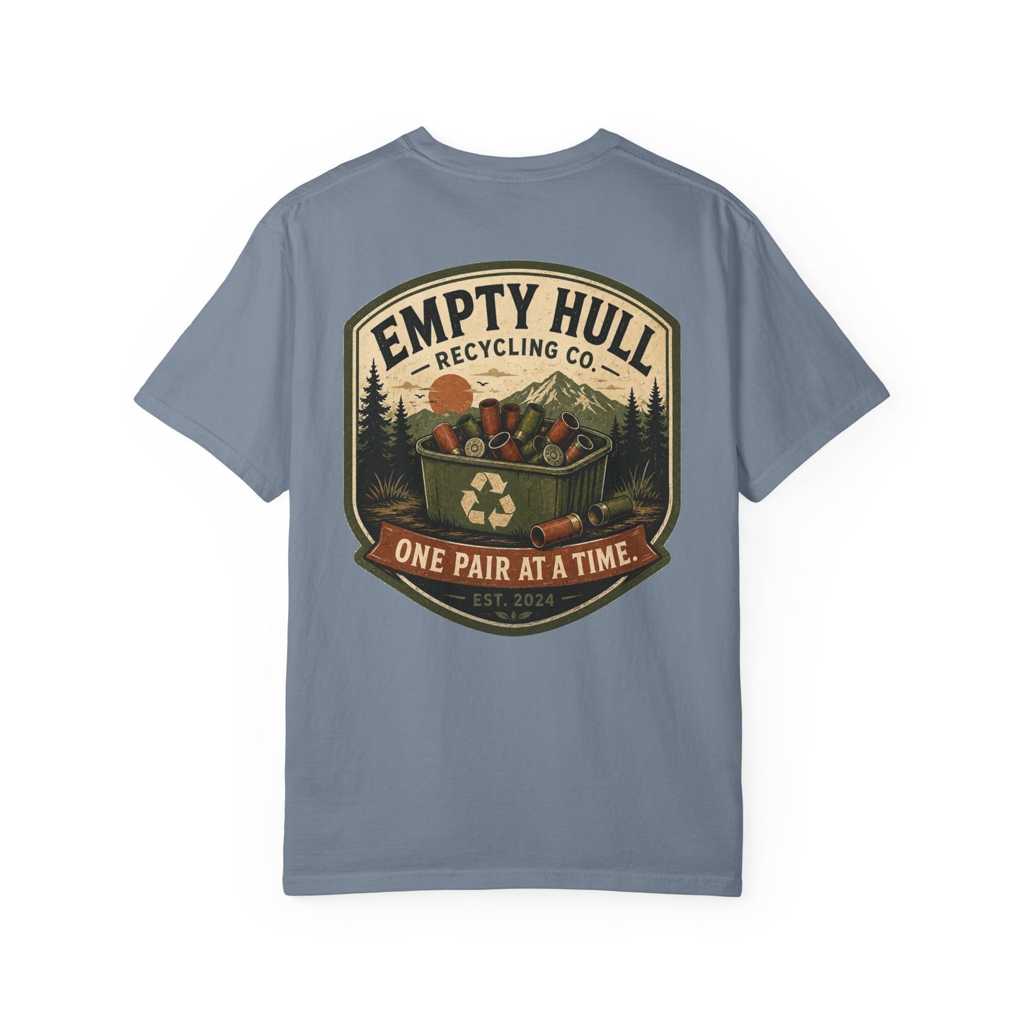 Empty Hull Recycling sporting clays t-shirt back graphic, shell bin badge design