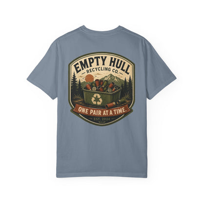 Empty Hull Recycling sporting clays t-shirt back graphic, shell bin badge design