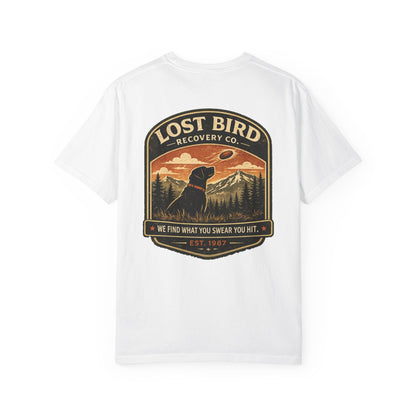 Lost Bird Recovery sporting clays t-shirt back graphic, black lab badge design