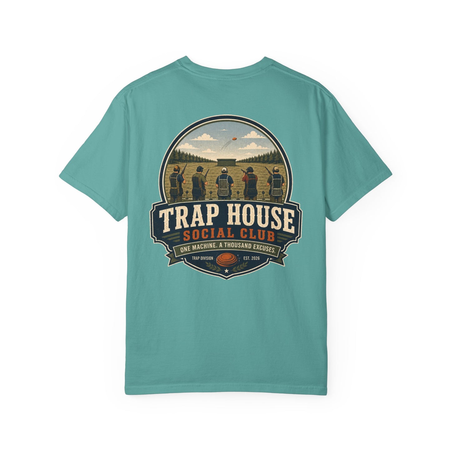 Trap House Social Club trap shooting t-shirt back graphic, five shooters badge design