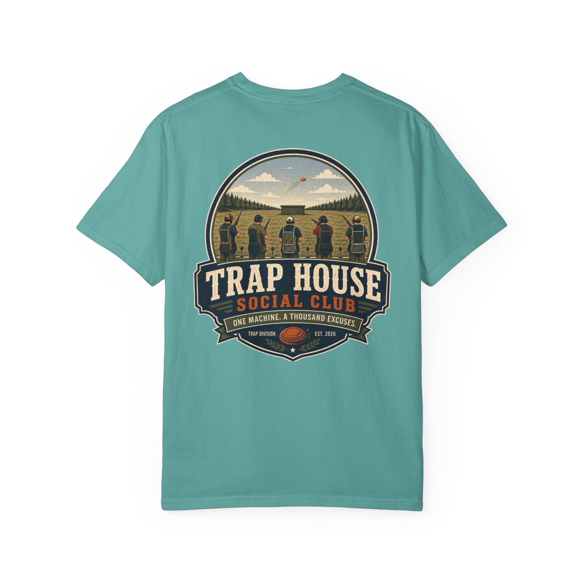 Trap House Social Club trap shooting t-shirt back graphic, five shooters badge design
