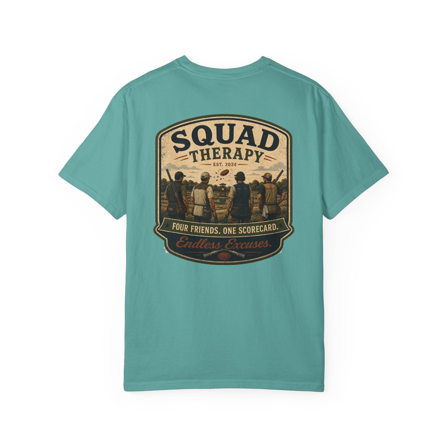 Squad Therapy sporting clays t-shirt back graphic, four shooters badge design