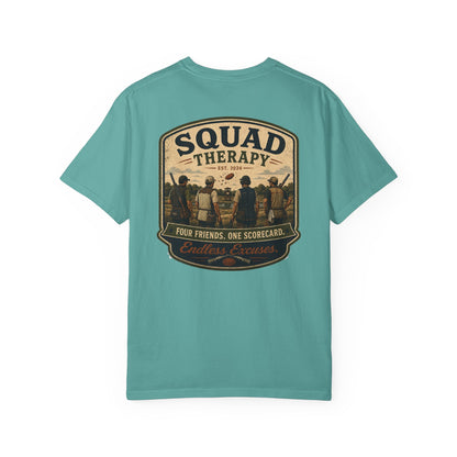 Squad Therapy sporting clays t-shirt back graphic, four shooters badge design