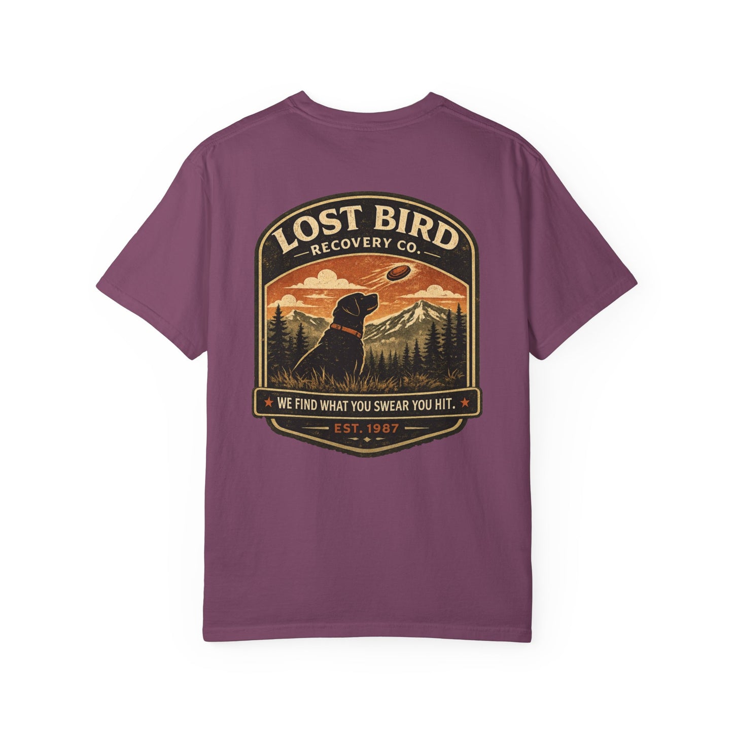 Lost Bird Recovery sporting clays t-shirt back graphic, black lab badge design
