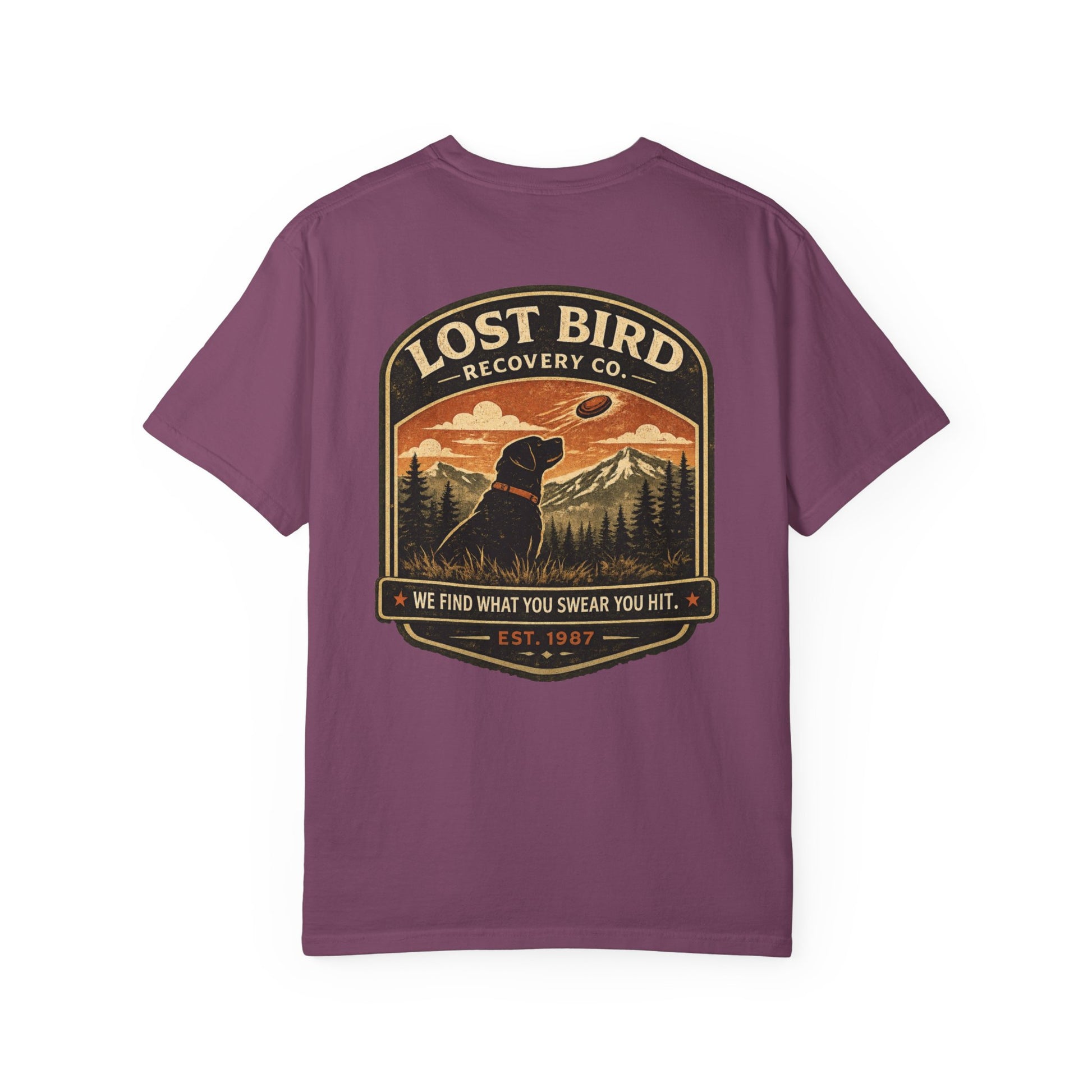 Lost Bird Recovery sporting clays t-shirt back graphic, black lab badge design