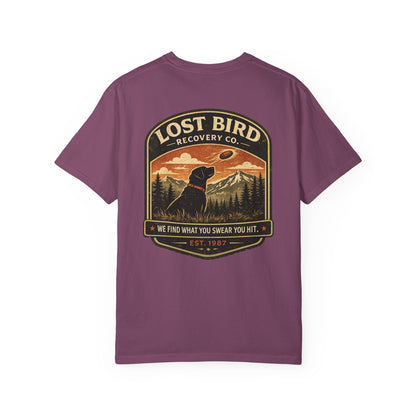 Lost Bird Recovery sporting clays t-shirt back graphic, black lab badge design