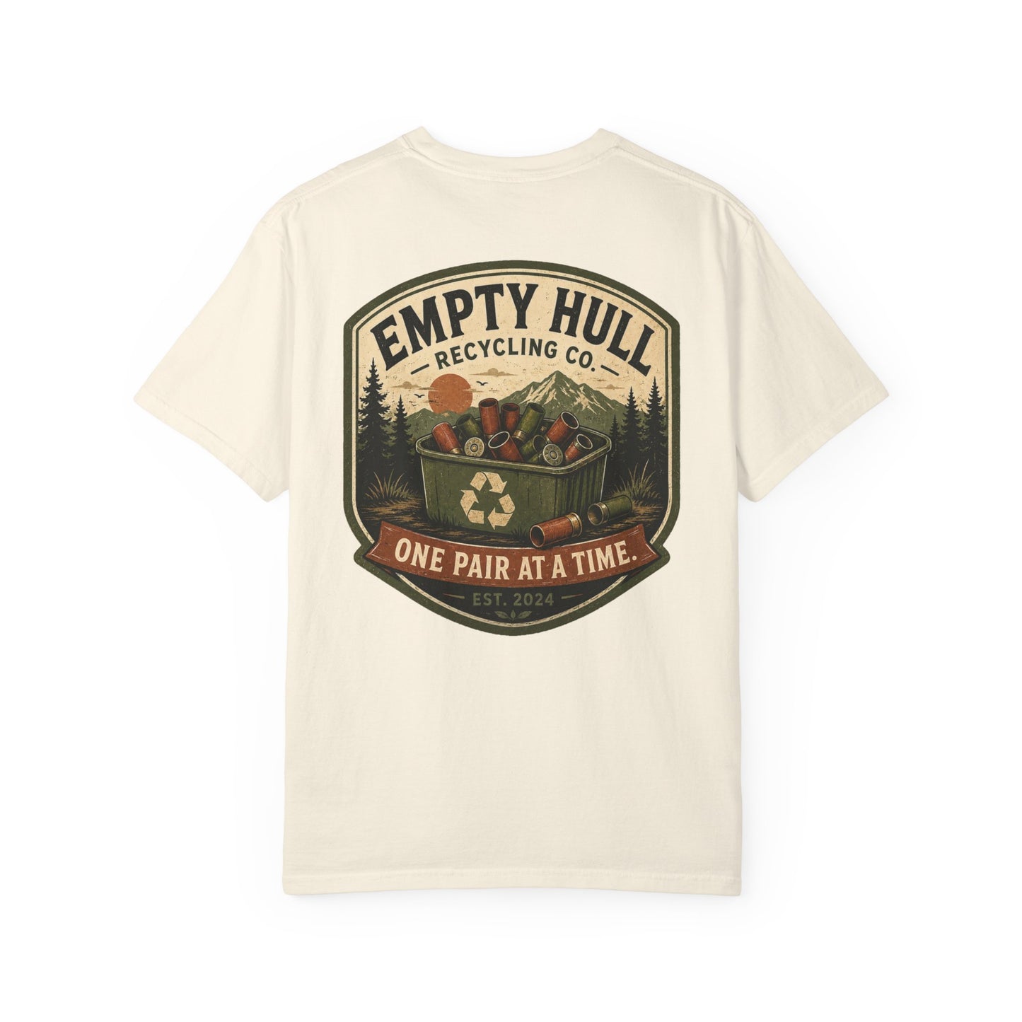 Empty Hull Recycling sporting clays t-shirt back graphic, shell bin badge design