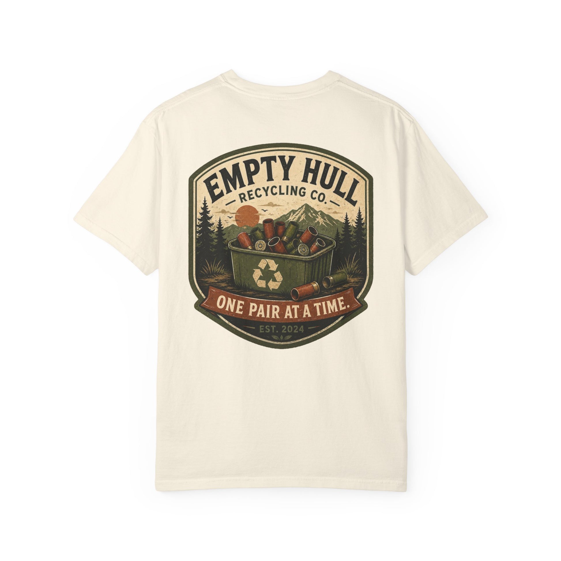 Empty Hull Recycling sporting clays t-shirt back graphic, shell bin badge design