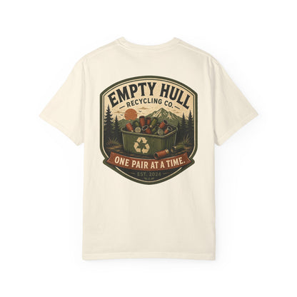Empty Hull Recycling sporting clays t-shirt back graphic, shell bin badge design