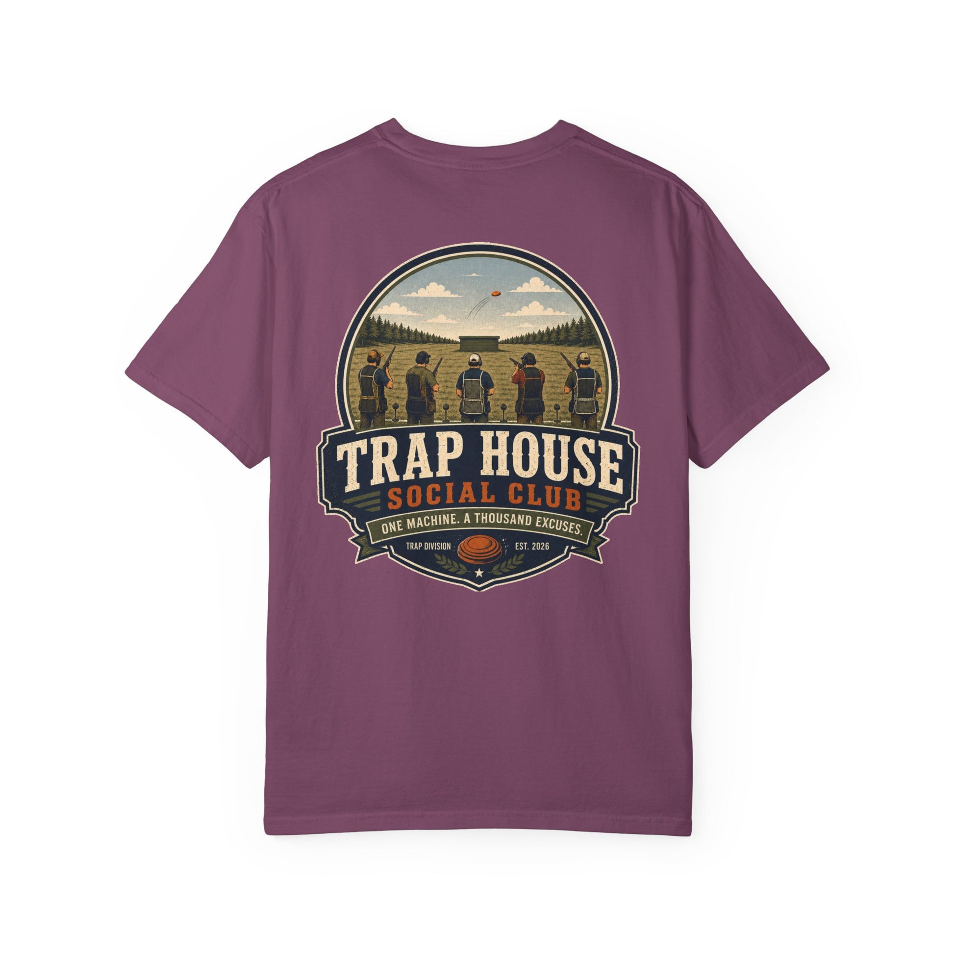 Trap House Social Club trap shooting t-shirt back graphic, five shooters badge design