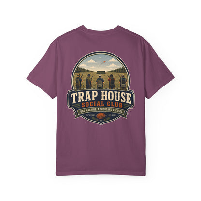 Trap House Social Club trap shooting t-shirt back graphic, five shooters badge design