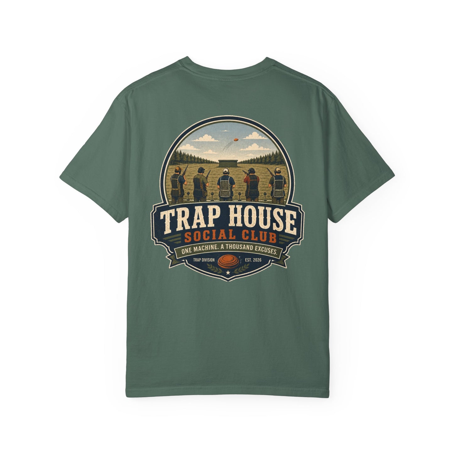 Trap House Social Club trap shooting t-shirt back graphic, five shooters badge design