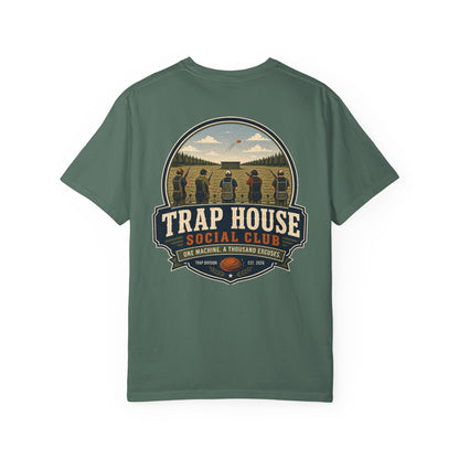 Trap House Social Club trap shooting t-shirt back graphic, five shooters badge design