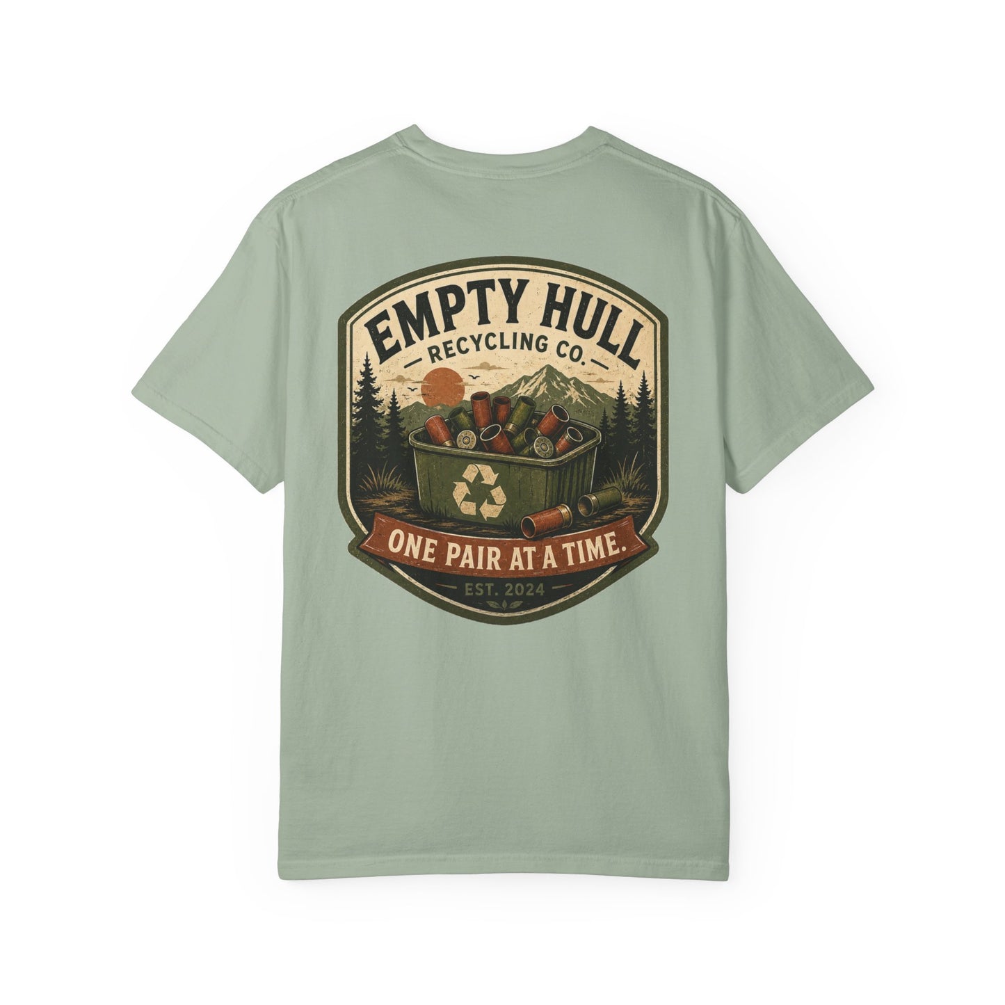 Empty Hull Recycling sporting clays t-shirt back graphic, shell bin badge design