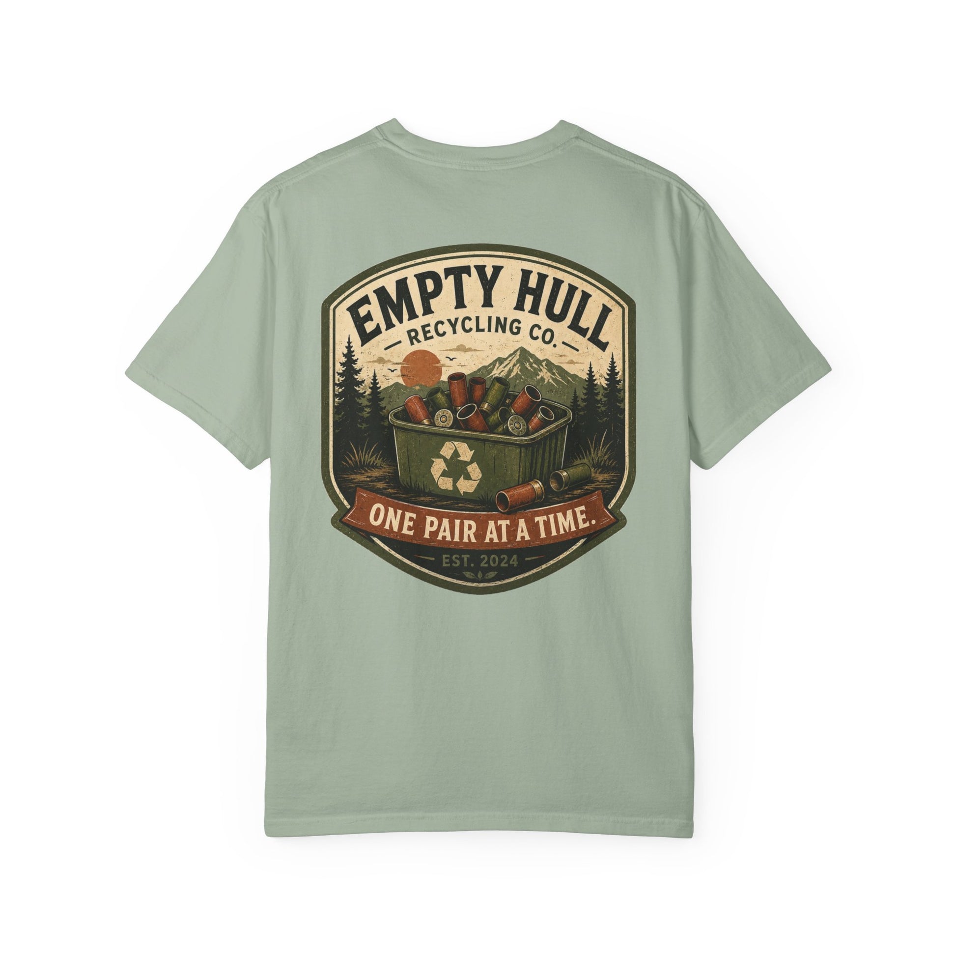 Empty Hull Recycling sporting clays t-shirt back graphic, shell bin badge design