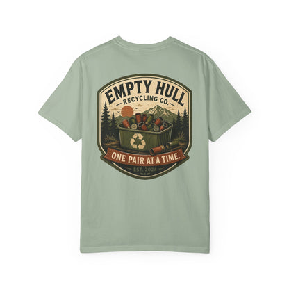 Empty Hull Recycling sporting clays t-shirt back graphic, shell bin badge design