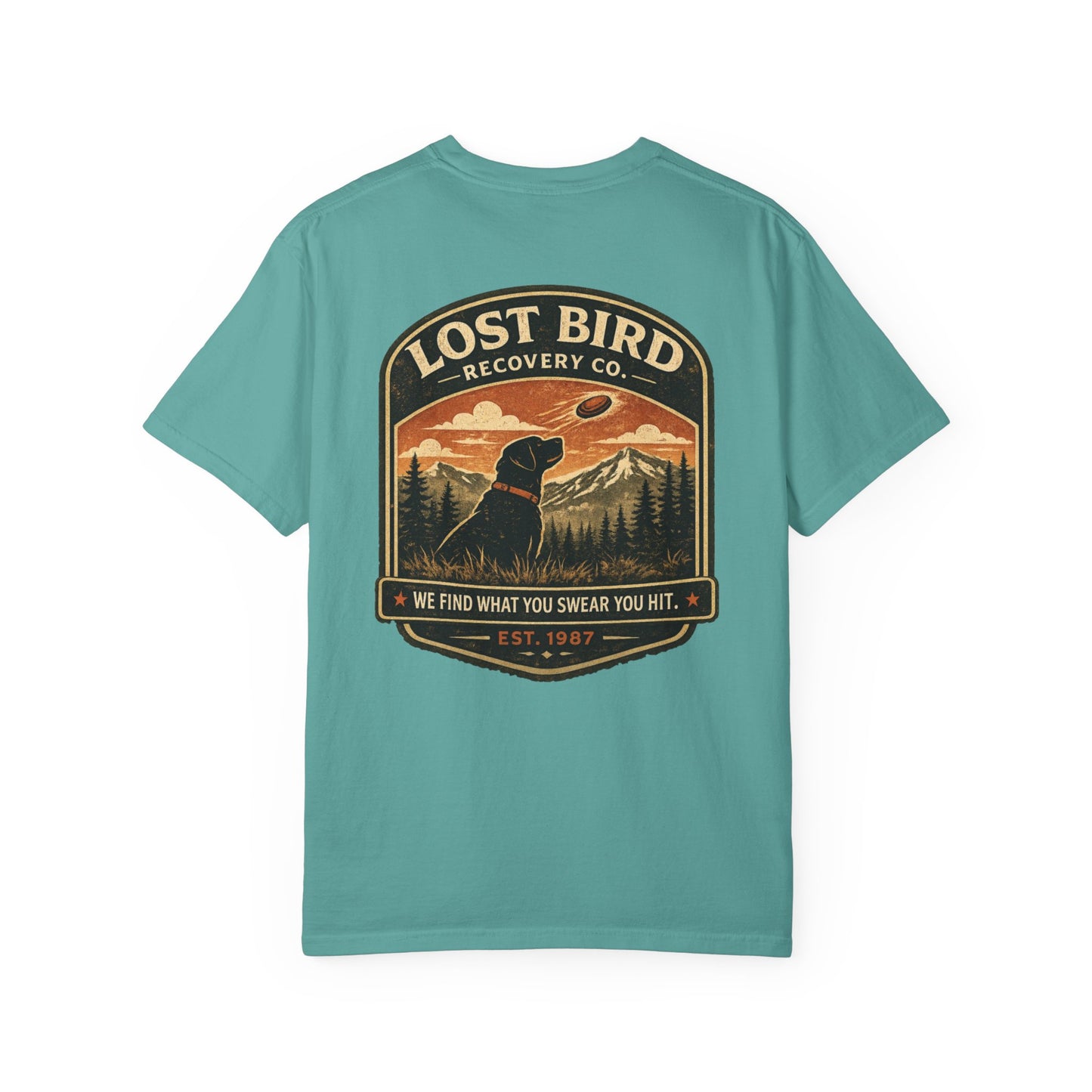 Lost Bird Recovery sporting clays t-shirt back graphic, black lab badge design
