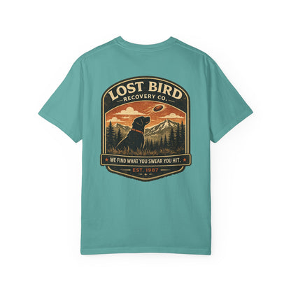 Lost Bird Recovery sporting clays t-shirt back graphic, black lab badge design