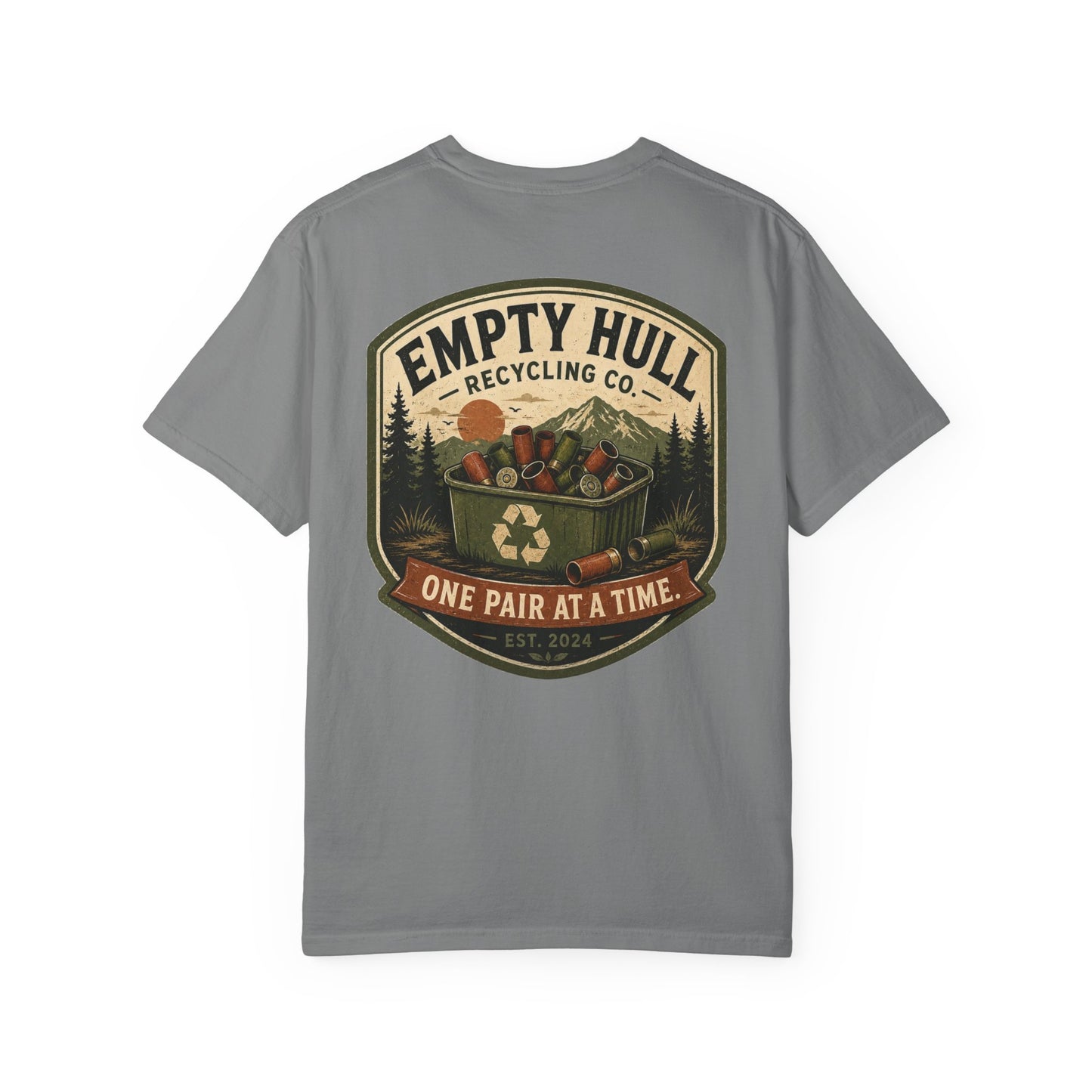 Empty Hull Recycling sporting clays t-shirt back graphic, shell bin badge design