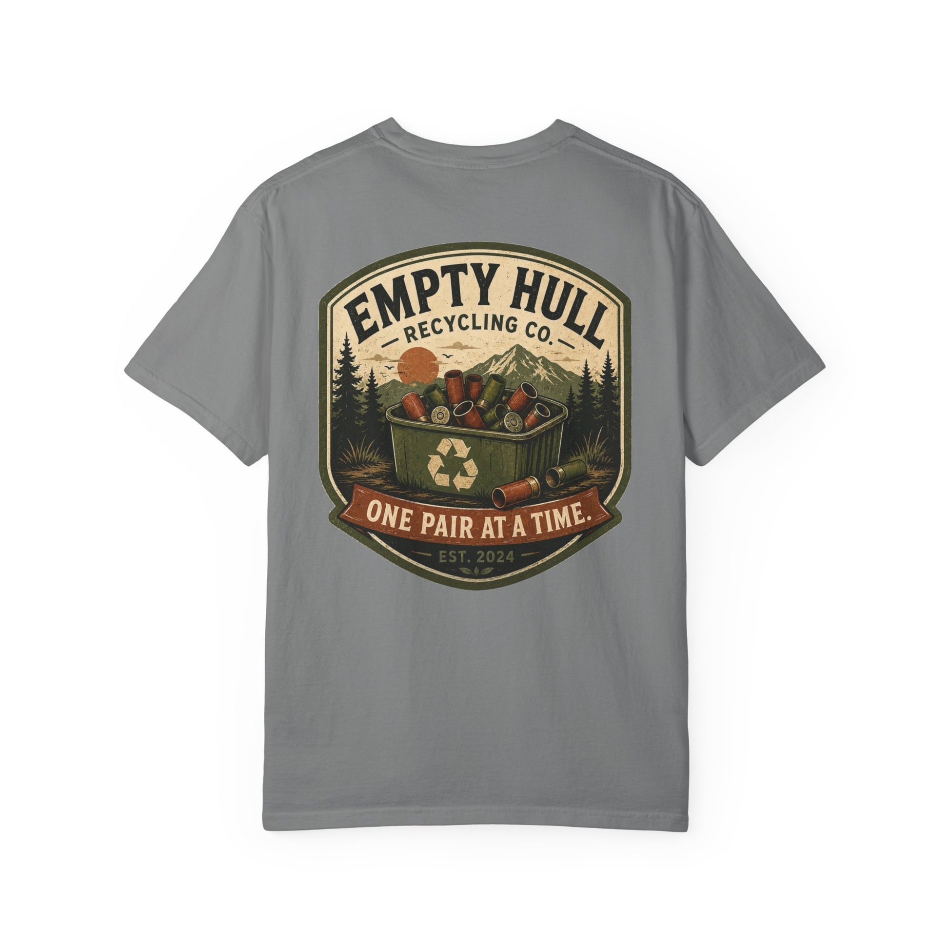 Empty Hull Recycling sporting clays t-shirt back graphic, shell bin badge design