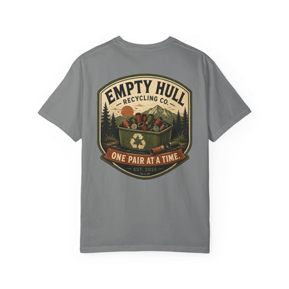 Empty Hull Recycling sporting clays t-shirt back graphic, shell bin badge design