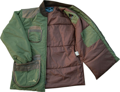 Wild Hare Cold Weather Shooting Coat - Olive with Brown Distressed Leather